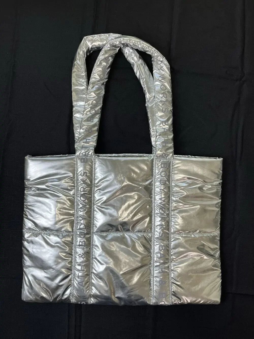 Bath‎ & Body Works Silver Metallic Logo Tote Bag Large Open Top Lined Double